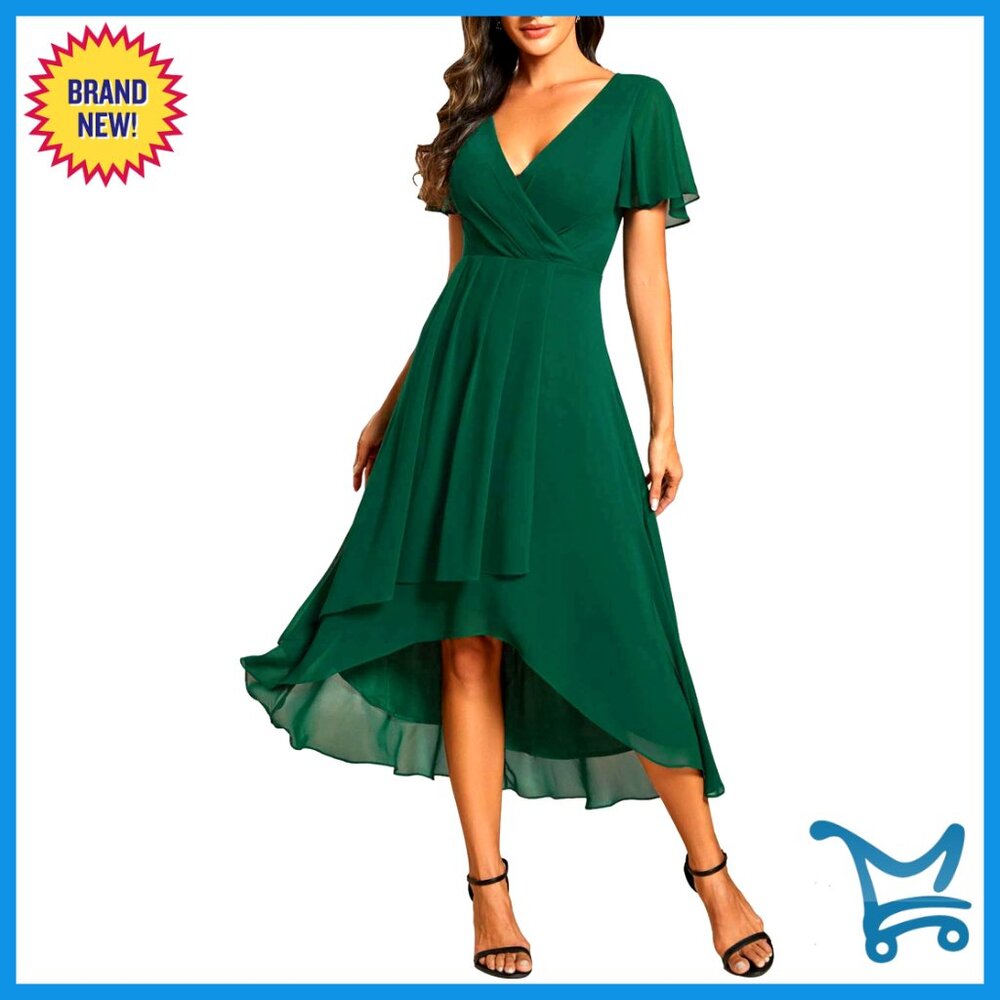 Chiffon Semi Formal Dress V Neck Ruffle Sleeves High Low Cocktail Elegant